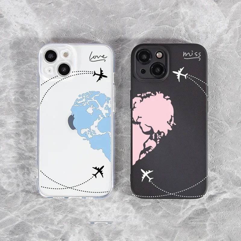 Planes World Map Travel Case for IPhone 15 14 13 11 Pro Max 12 Mini Love Heart Couples Cover for IPhone XR X XS Max 7 8 Plus SE2