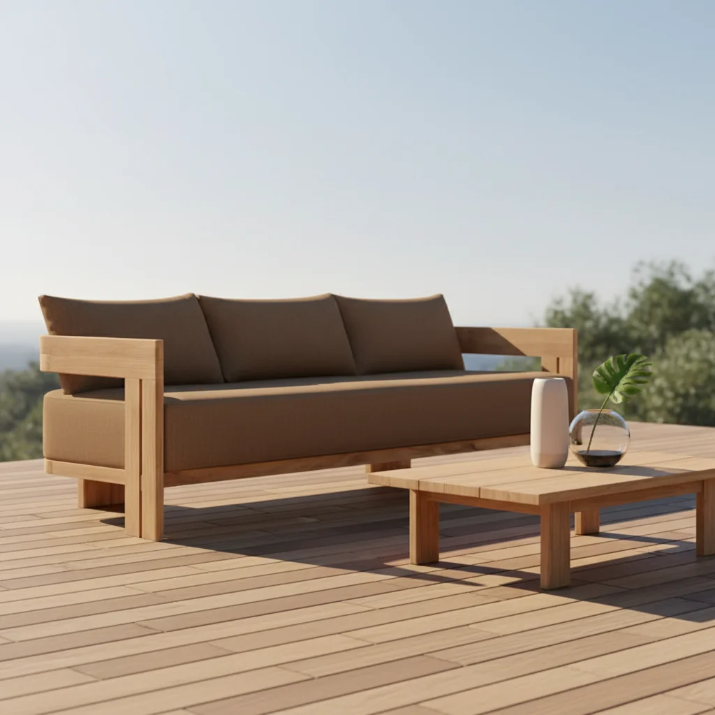 Teak Sofa, 3-Seat Solid Teak Frame with Textured Fabric Cushion, Modern Outdoor Patio Sofa
