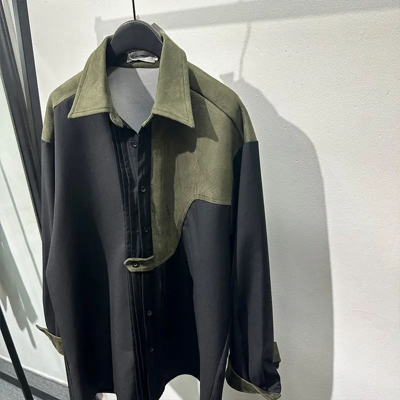 Stitching Shirt Men's Fashion Workwear Loose Retro Contrast Color Casual Design Ironing Free Long Sleeves