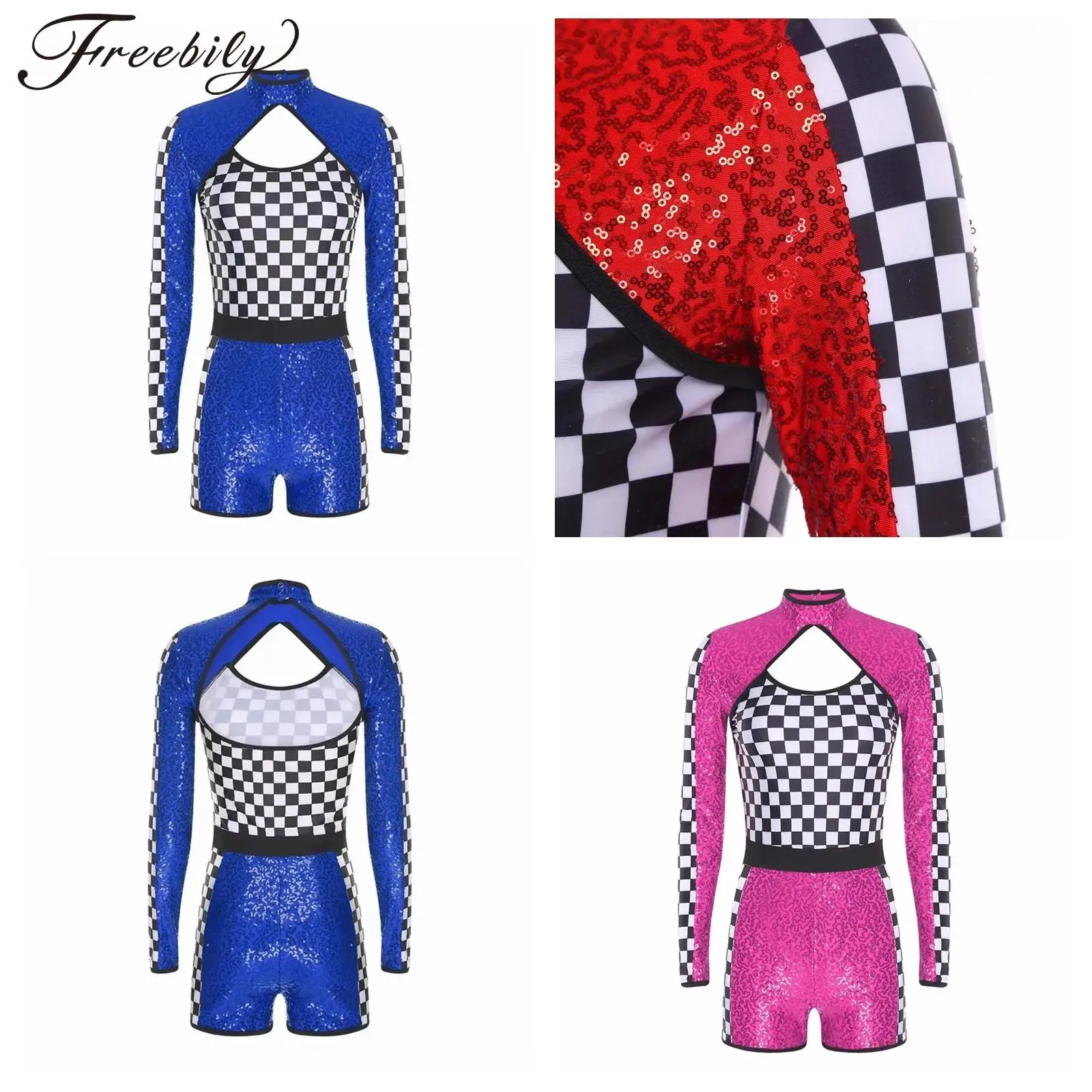 

Halloween Carnival Women Car Racer Costume Cosplay Dance Unitard Long Sleeve Checkerboard Racing Driver Shiny Sequins Jumpsuit