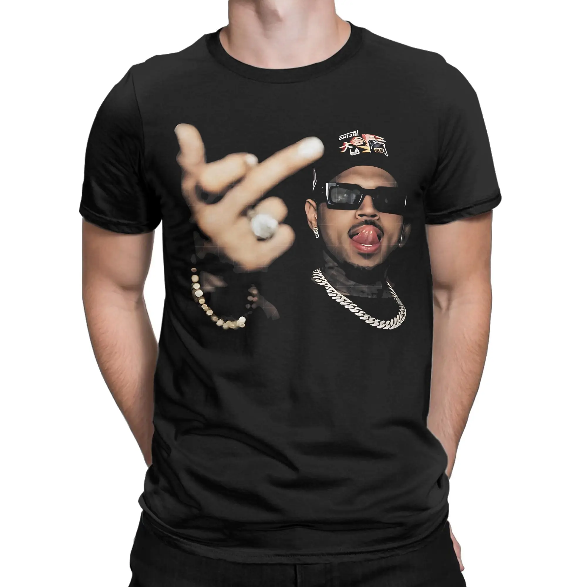 Casual Funny Finger Chris Brown T-Shirts Men Round Collar Cotton T Shirts  Short Sleeve Tees Plus Size Clothing