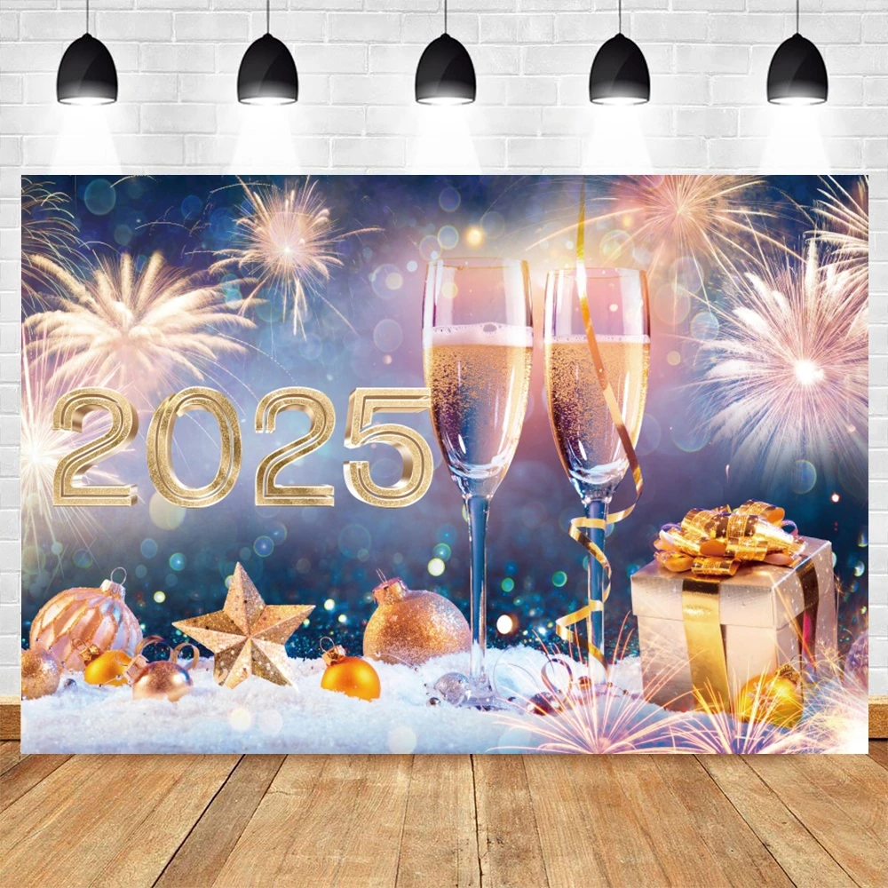 2025 Happy New Year Fireworks Photography Backdrop New Year Eve Clocks Champagne Family Party Christmas Photo Background Decor