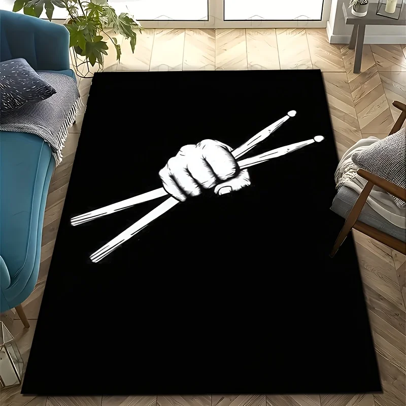 2D Flat Hand Holding Drumsticks Black Background Rock Music Flannel Area Rug Non Slip Band Decor Carpet For Living Room Studio