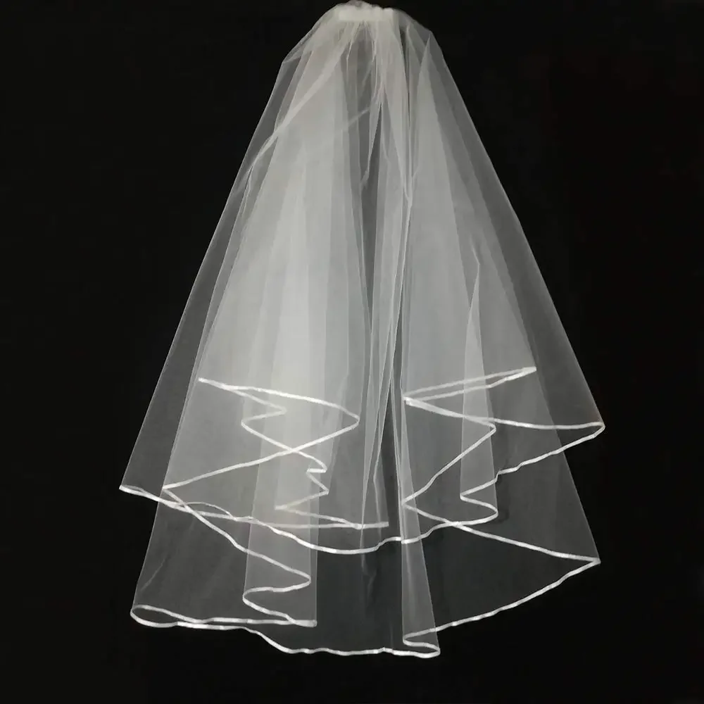 

Classic White Ivory 2 Tier Ribbon Edge Bridal Veil with Comb Tulle Soft Short Wedding Veils