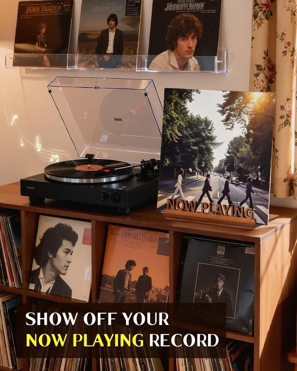 Now Playing Vinyl Record Stand, Tabletop Wooden Holder for Albums, Vintage Display Organizer Rack for LP Enthusiast view 2
