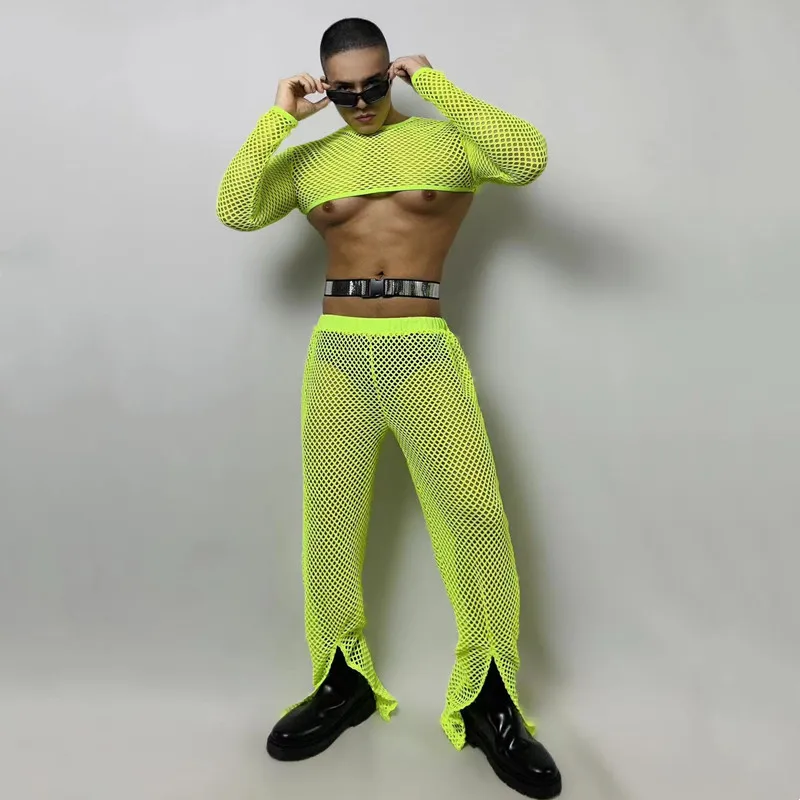 Bar Gogo Costume Male DJ Dancer Hollow Out Stage Wear Nightclub Performance Rave Outfit Sexy Fluorescent Green Mesh Plaid Set