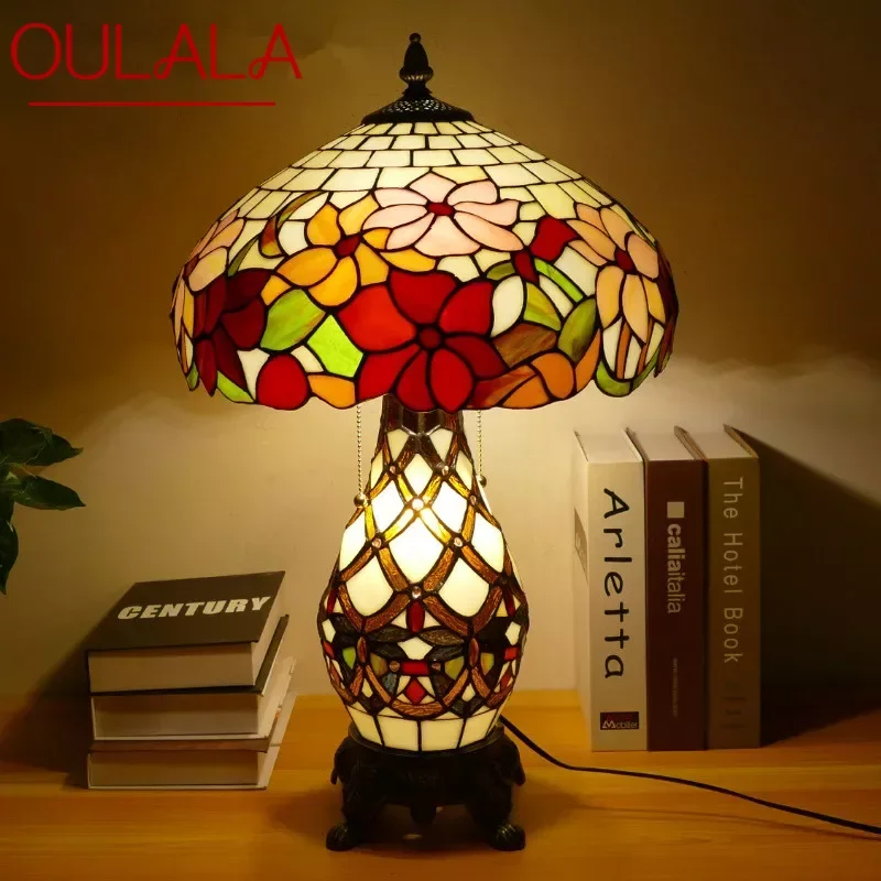 

OULALA Tiffany Table Lamp American Retro Living Room Bedroom Lamp Luxurious Villa Hotel Stained Glass Desk Lamp