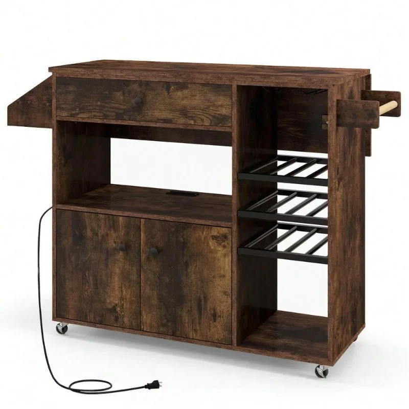 

Kitchen Island Cart w/ Drop-Leaf & Power Outlet Microwave Shelf Wine Rack Drawer,, Storage Cabinet, Towel Rack, for Dining Room