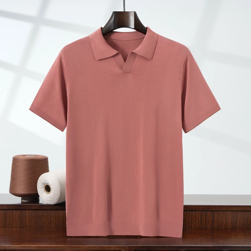 100% Lyocell Men's Seagull Collar Casual Short Sleeve Knitted Tops Solid Color Male Oversized  Polo Shirt Clothing M-4XL
