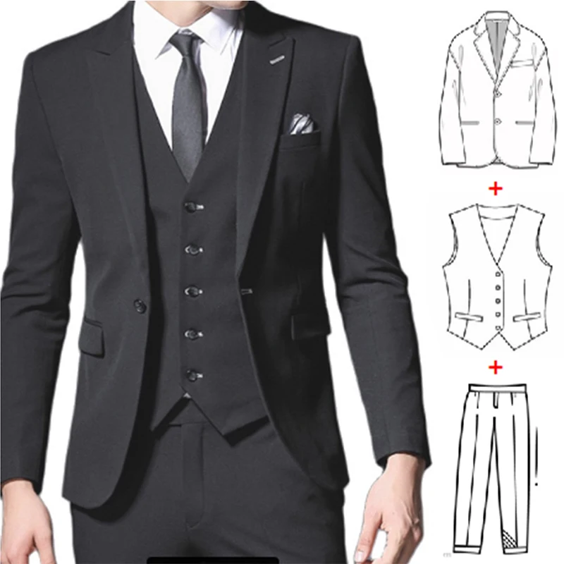 

3 Piece Black Slim Fit Men Suits for Boyfriend 2023 Peaked Lapel Wedding Tuxedo Smart Casual Man Fashion Jacket Vest Pants