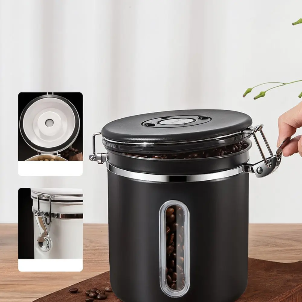 Stainless Steel Coffee Storage Jar Airtight Container With Release Valve Clear View Window For Espresso Bean Keeper