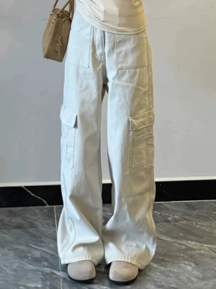 

Y2K рабочая одежда джинсы женские американские с высокой талией свободные прямые белые широкие брюки осень