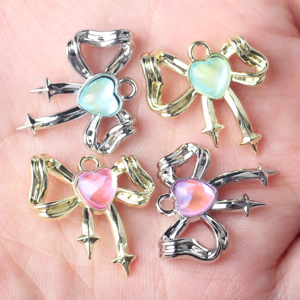 10pcs Alloy Fashion Hollow Bowknot Inlay Heart Shape Pendant Earring Necklace Bracelet Jewelry Making DIY Handmade Accessories