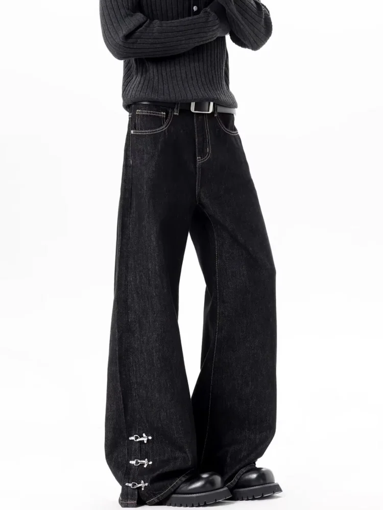 2026 Cyber Y2K Streetwear Ankle Button Black Baggy Jeans Pants For Men Clothing Straight Cotton Long Trousers Pantalon Hombre