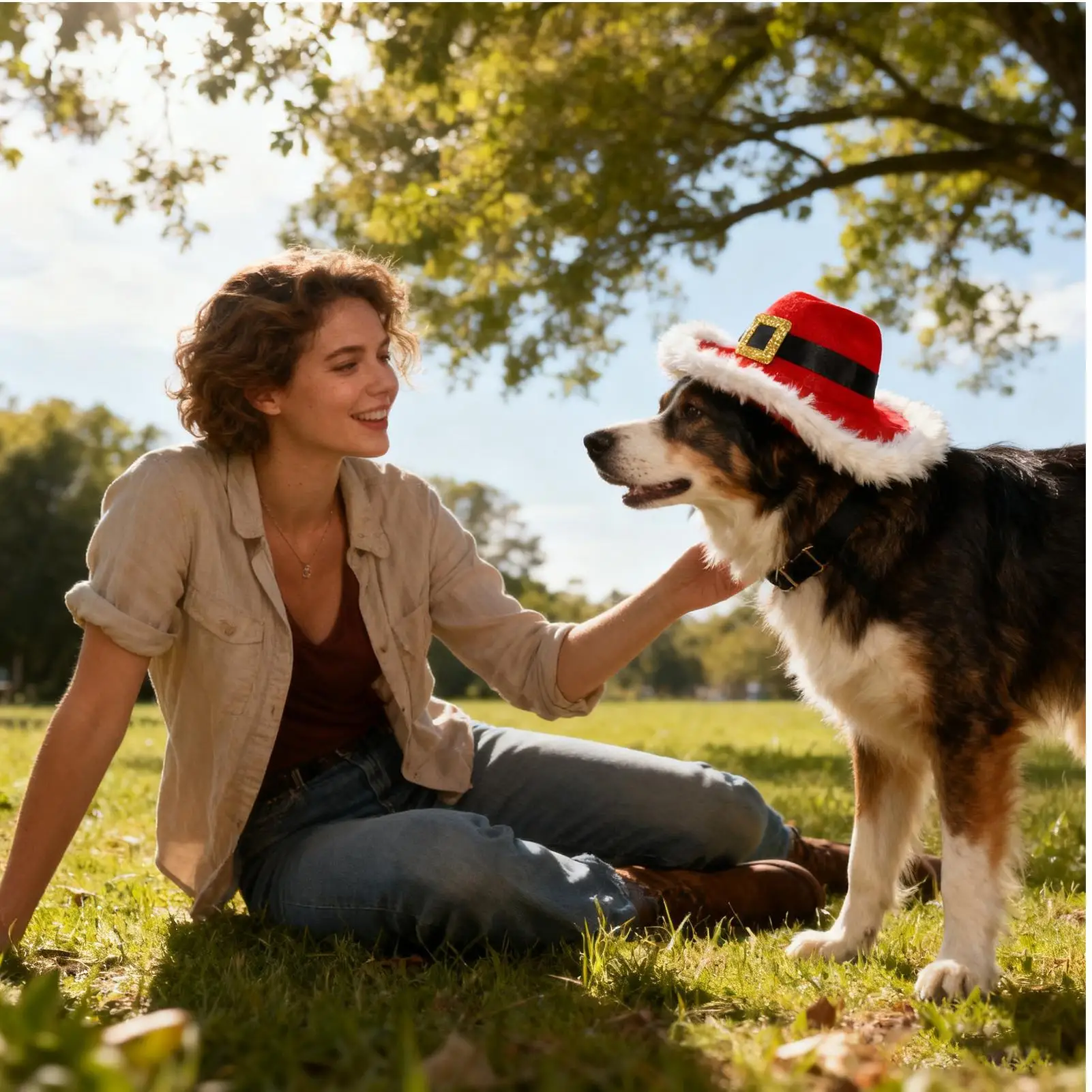 Cat Cowboy Hat Adjustable Clothes Headwear White Plush Trim Design Dog Winter Hat with Christmas Elements for Birthday Party