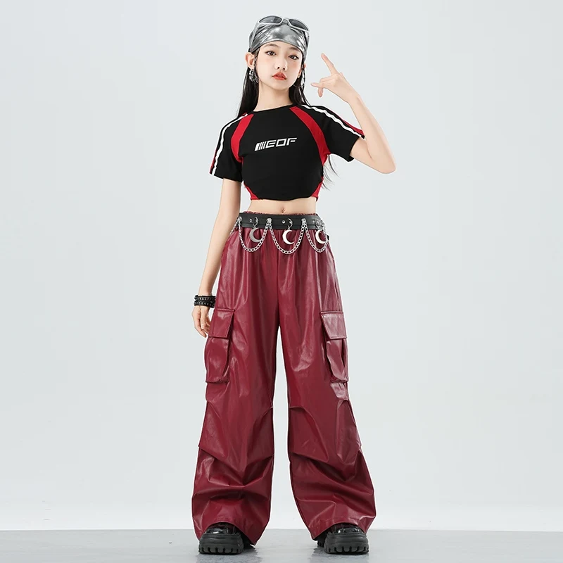 Kpop Ragazze Gruppi Abiti da ballo jazz Costumi Hip Hop Manica corta Crop Top Pantaloni in pelle rossa Vestito Street Dance Wear DQL10601