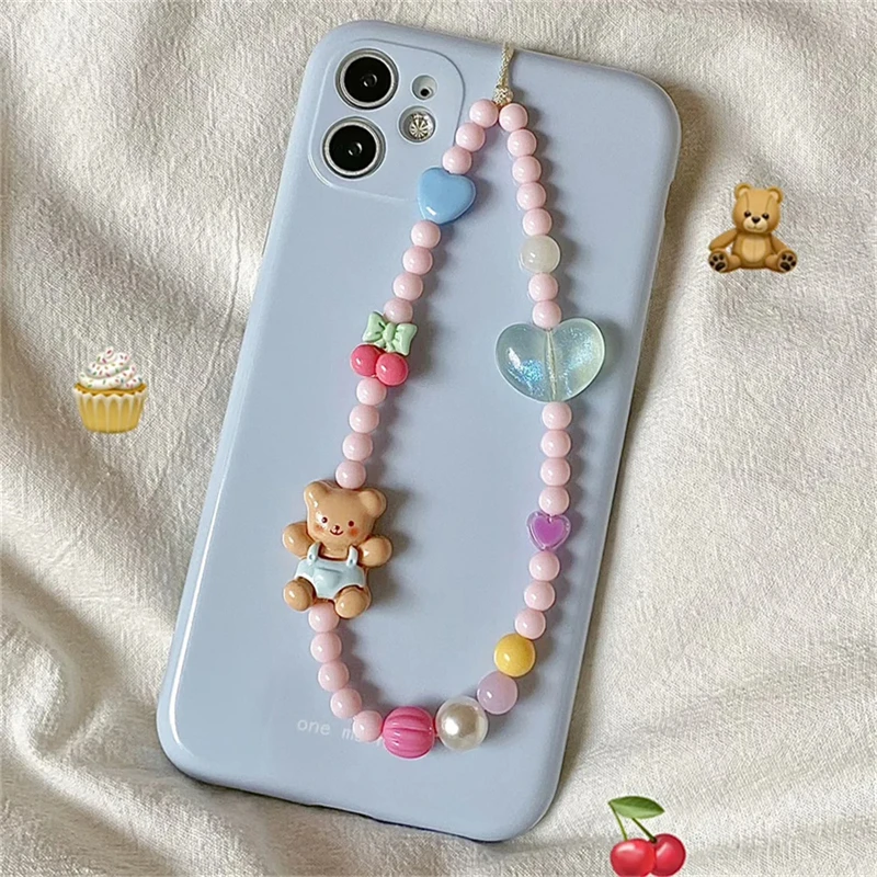Korea Cute 3D Bear Cherry Heart Beaded Phone Chain Charm Lanyard For iPhone Samsung Huawei Universal Accessories Jewelry Pendant