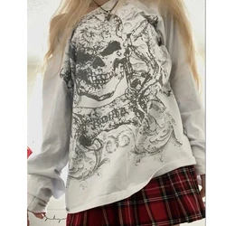 Women Y2K Oversized T-shirt Grunge Fairy Tops Tshirts Femme Halloween Long Sleeve Off Shoulder Skull Print Casual Fall Tees New