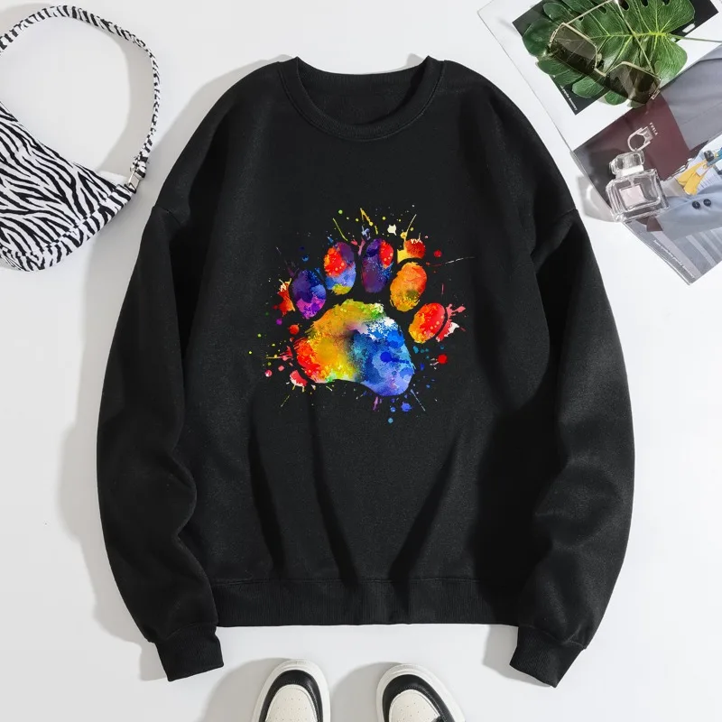 

European and American Women's Round Neck Long Sleeve Fleece Hoodie Women's Coat Graffiti Bear Paw Print Sweatshirts