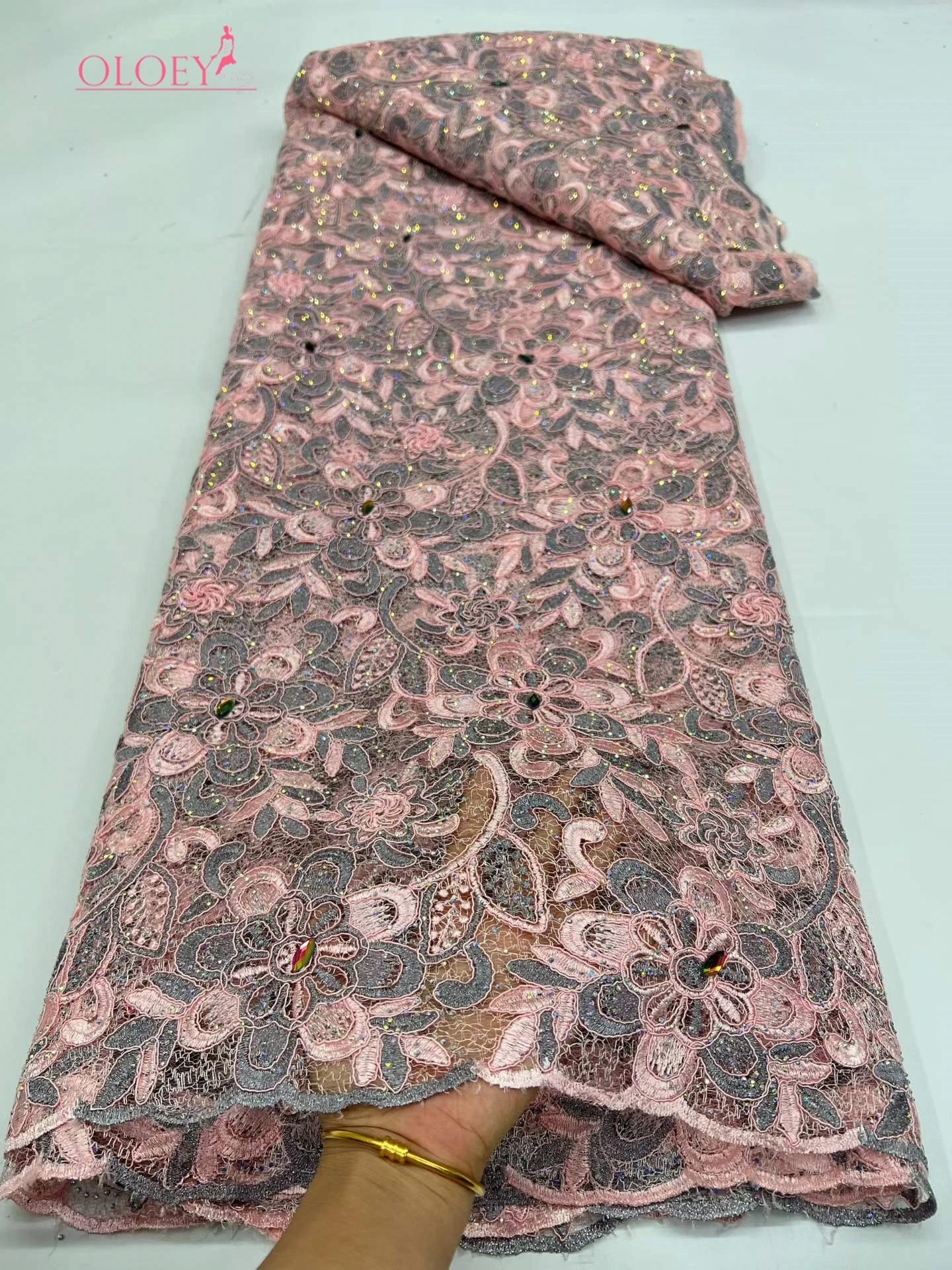 

OLOEY 2026 High-Quality Africa Nigerian Sequins Cotton Embroidery Lace Fabric Tulle for Wedding Party Dress