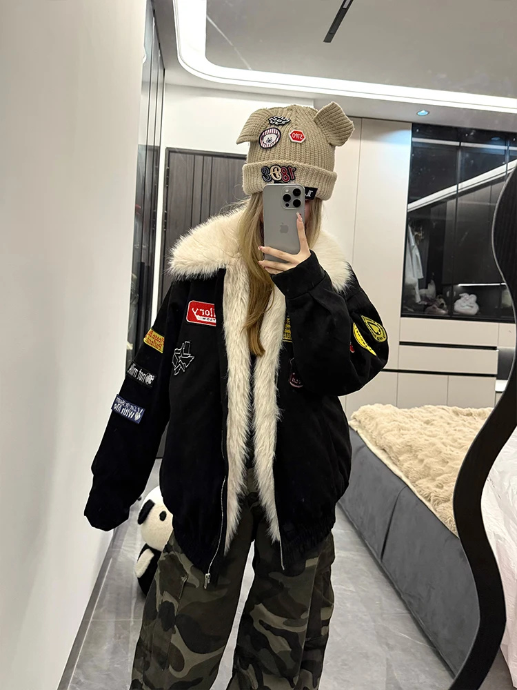 

Мужская зимняя теплая куртка в американском ретро-стиле из замши, свободного кроя, с воротником-стойкой, с узором «Горный орел», длинными рукавами, на молнии