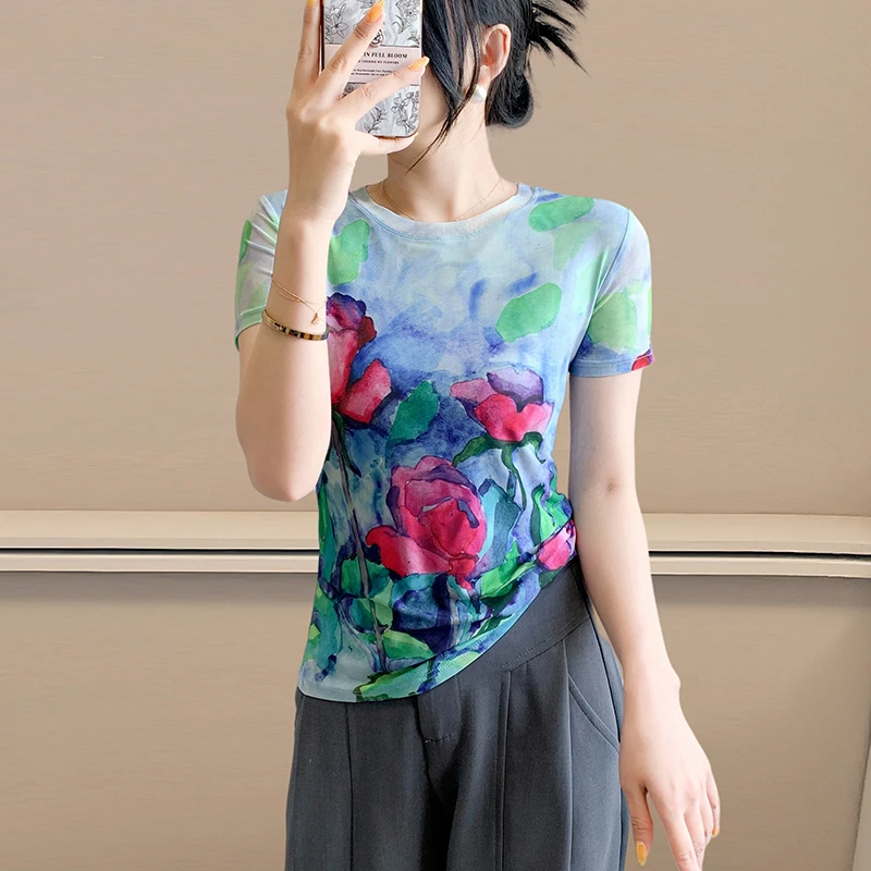 Faionable Women's Printed T-irt Summer New Sle Slim Fit round Ne ort Sve Ice Silk Me Top Korean Sle Commute