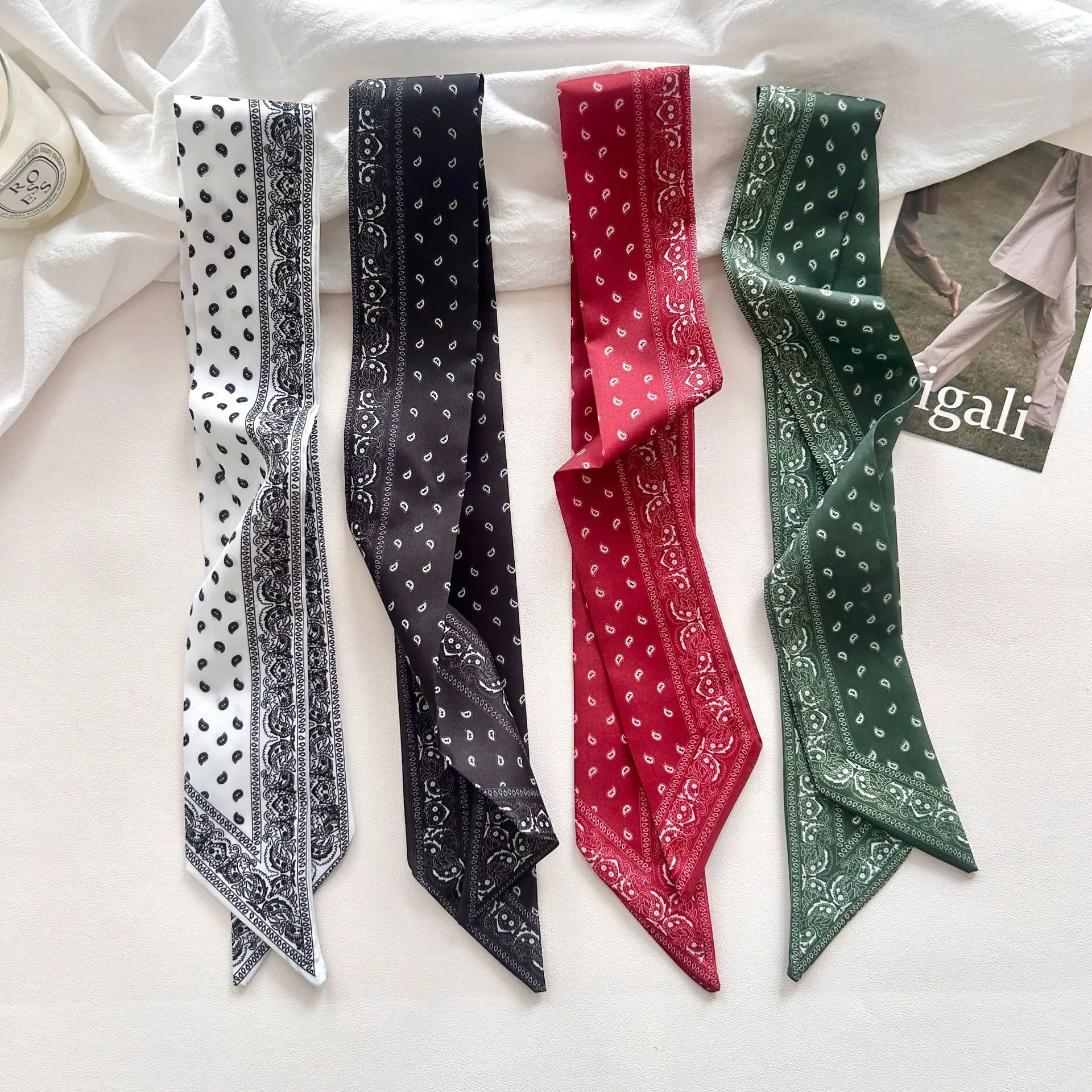 Korean versatile cashew nut flower versatile printed silk scarf, new neck tie scarf, multi-functional hair tie bag streamer