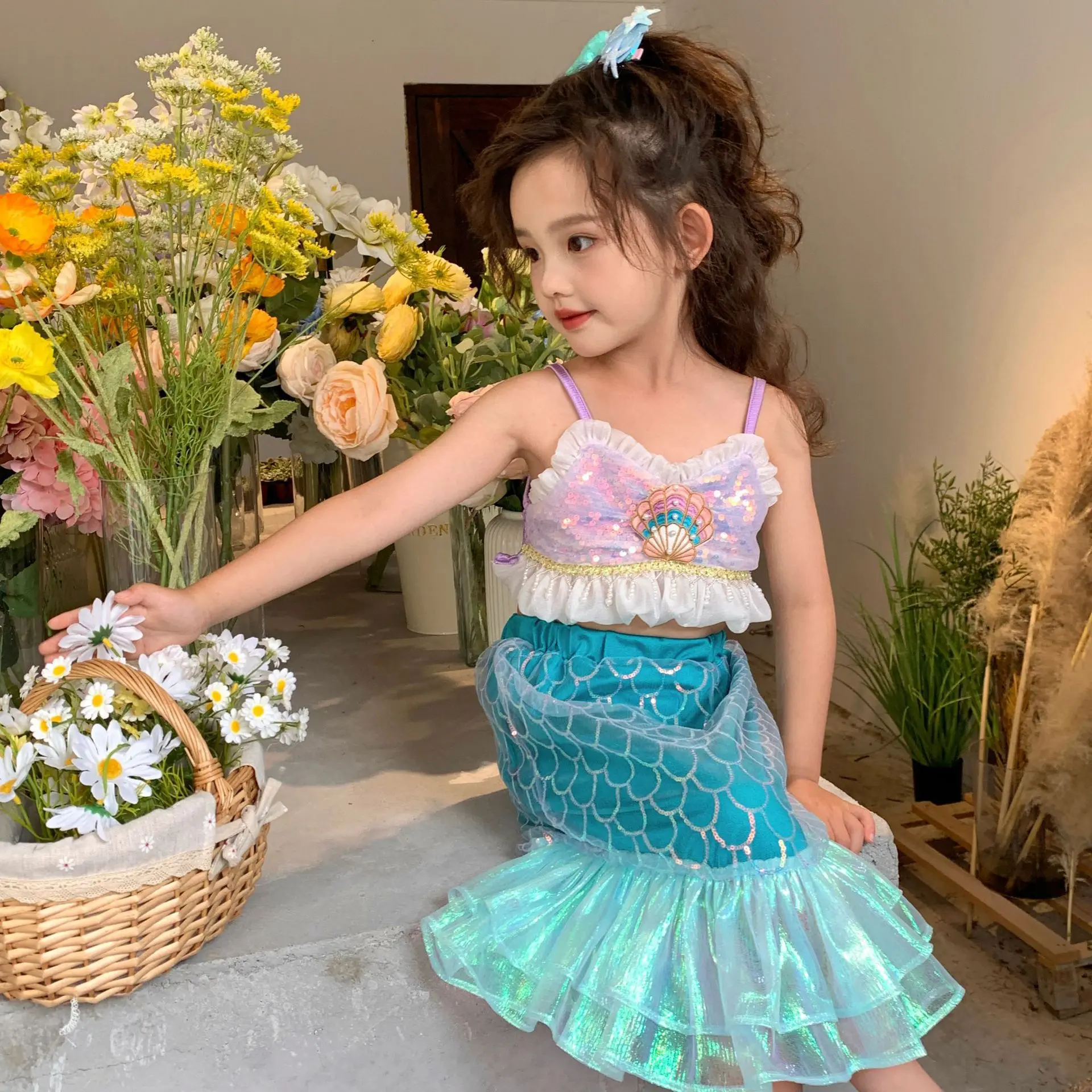 Girls Dress Kids Summer Mermaid Outfit Sequin Strapless Dress Fish Tail Sparkly Princess Party Costume for Girls Fashion
