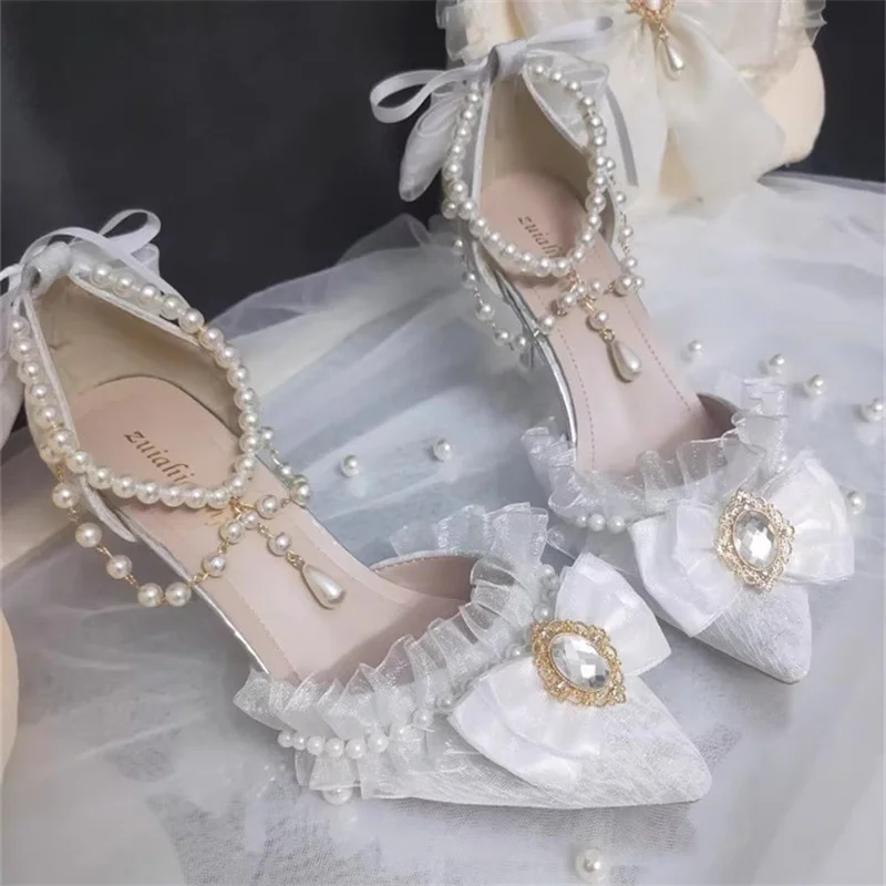 

Pearl Lace Decor Wedding Shoes for Women French Gentle and Elegant Hollow Pointed Toe Stiletto Heels Single Shoes Bride Pumps