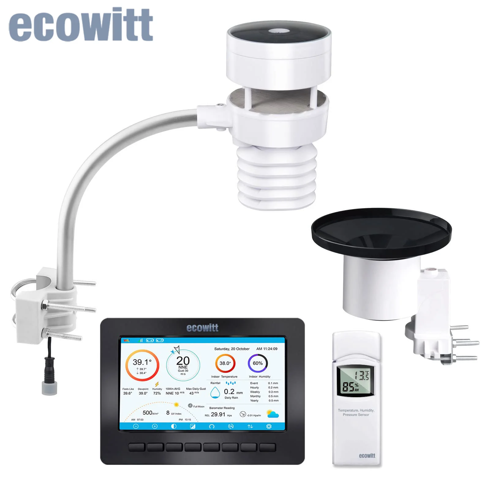 Ecowitt HP2553 TFT 7" Display, 6-in-1 Ultrasonic Wind & Rain Sensor