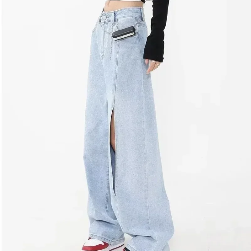 Women's Summer Light Blue Ripped Straight Leg Jeans High Waisted Loose Casual Lacerate Reach The Ground Jeans Wide Leg Pants