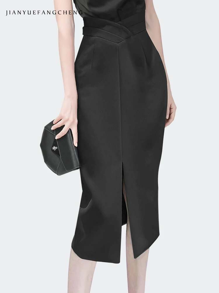 Womens Spring Summer Sexy High Waist Slit Pencil Skirt Solid Color Over-knee Elegant Slim Street-wear Office Straight Skirts