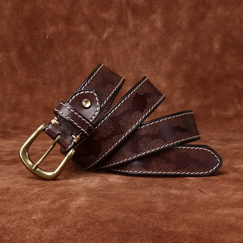 Персонализированный модный тренд шириной 3,3, ретро-верхний слой из воловьей кожи с лазерной гравировкой, мужской ремень из натуральной кожи с пряжкой