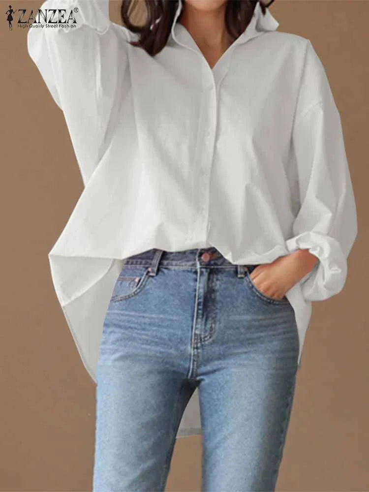 2023 ZANZEA Women Spring Shirt Casual Lapel Neck Long Sleeve OL Solid Ladies White Blusas Chemise Oversized Tunic Tops S-5XL