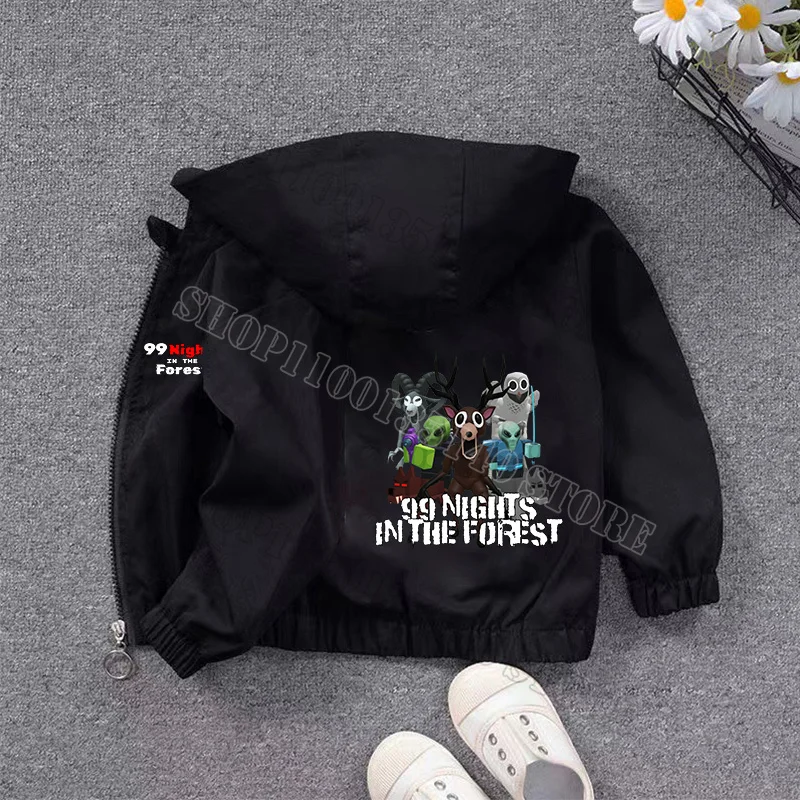 Jaket Lengan Panjang 99 Nights in Forest Boys Jaket Zip Up Berkerudung Motif Game Hitam Keren Pakaian Atasan Tahan Angin Musim Gugur Musim Semi