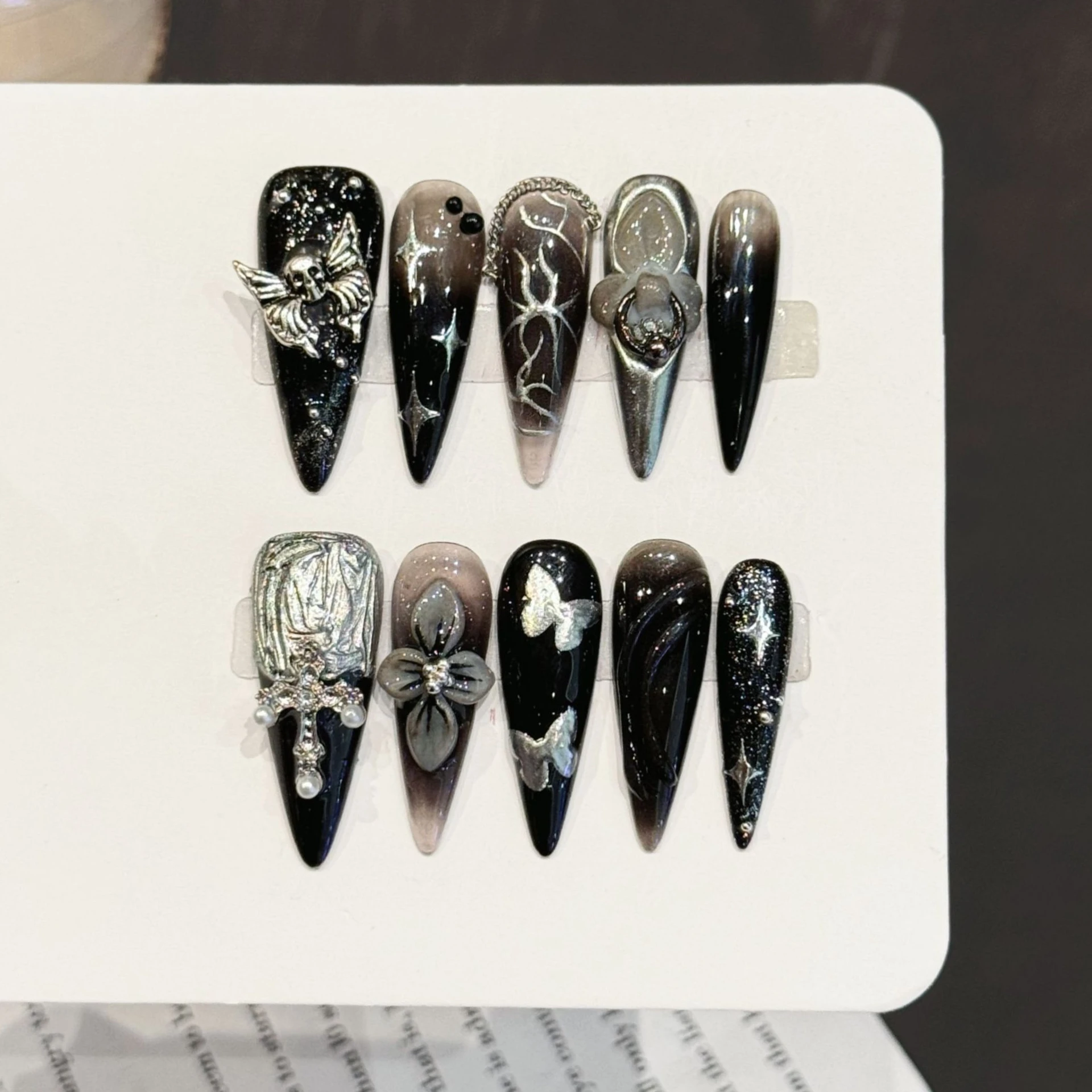 10 Uds. De estilete negro hecho a mano, uñas postizas picantes para niñas, uñas adhesivas, uñas postizas, Uñas Наклад Ногти