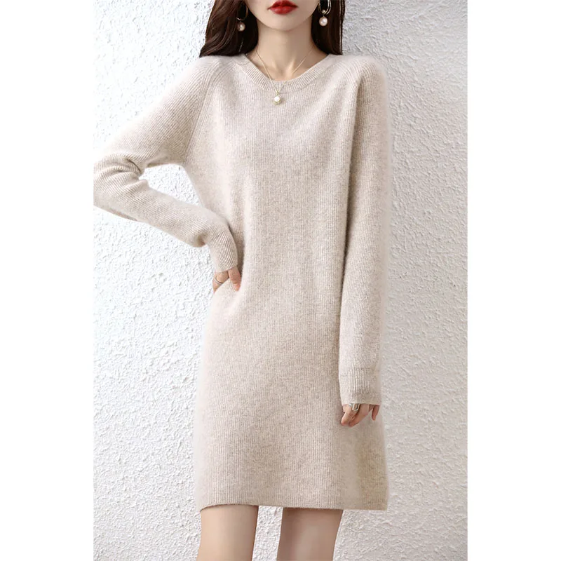 Dresses for Women\'s 2022 Fashion Sweater 100% Merino Wool Winter Ladies O-Neck Warm Knitted Dress Fall Female Casual Black Skirt