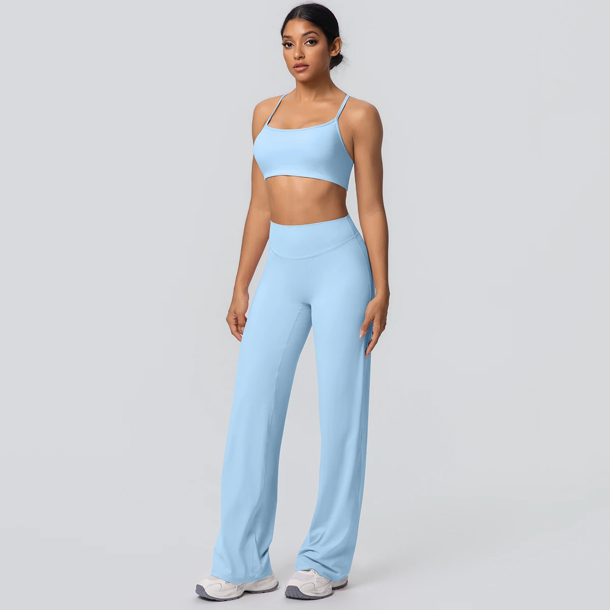 Frauen Gym Sport Yoga Anzug Sexy Schöne Zurück Yoga Unterwäsche Mit Brust Pad Einfarbig Hohe Taille Breite Bein Hosen Yoga Set – Detail 34