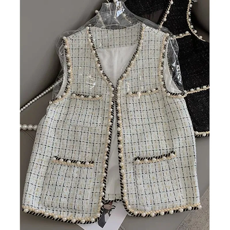 2023 Autumn New All-Matching Slim Fit Solid Vest Tweed Waistcoat Jacket Vest Women V Neck Pearl Button Spring Cardigan Female