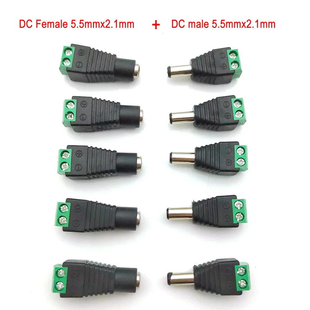 5Set 5.5*2.1mm Female Male DC Power Plug Adapter Female Plug Jack Adapter Connector Male Plug Socket green