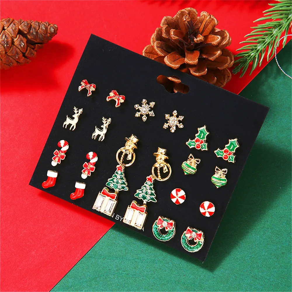 12pairs/Set Cartoon Snowflake Socks Bow Stud Earrings Cute Christmas Tree Wreath Earrings Christmas Gifts Jewelry Accessories