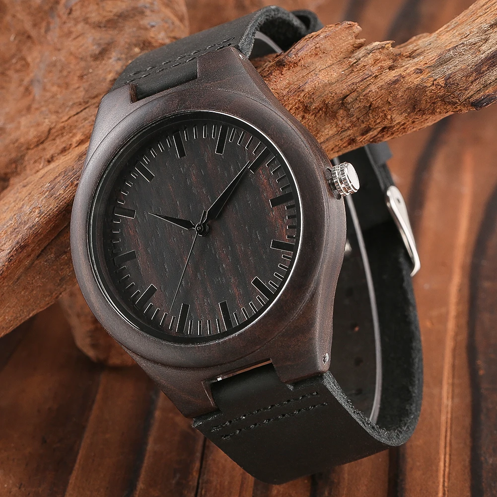 Classic Ebony Wood Quartz Men Watch Minimalist Scale Round Dial Black Genuine Leather Casual Men\'s Watches Fashion reloj