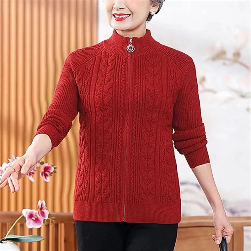 Jaket Rajut Wanita Baru Musim Gugur Musim Dingin 2025 Sweater Berkualitas Tinggi Mantel Wanita Ibu Lansia Kerah Setengah Turtleneck Cardigan Atasan