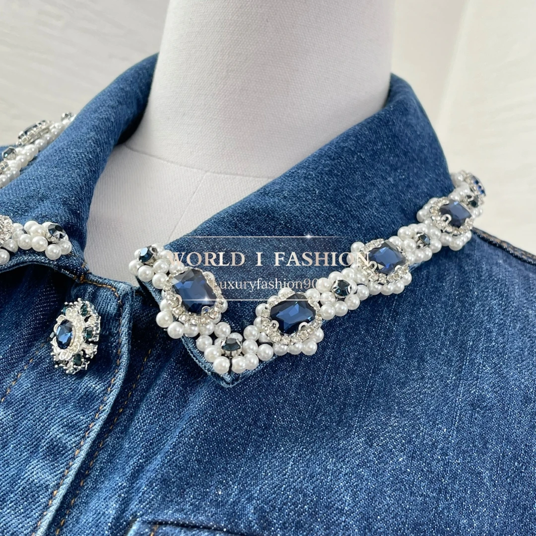 2025 New Beautiful Blue Jeans Denim Sleeveless Diamonds Pleat Hem Mini Dress