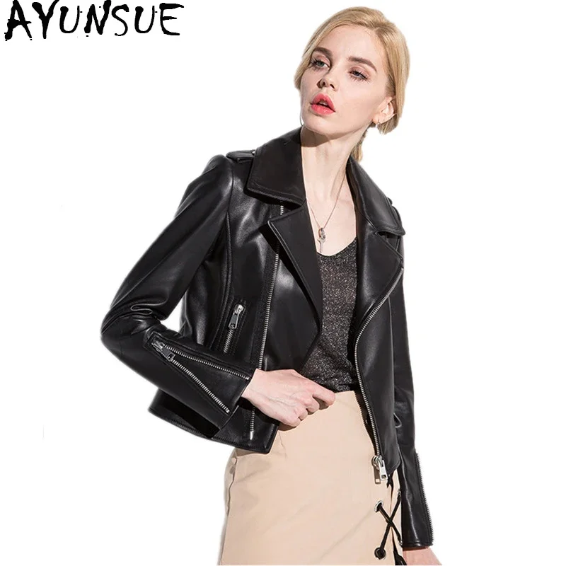 

AYUNSUE Genuine Leather Jacket Women Real Leather Jacket Sheepskin Black Soft Slim Fit Punk Female Coat Spring Autumn 17067