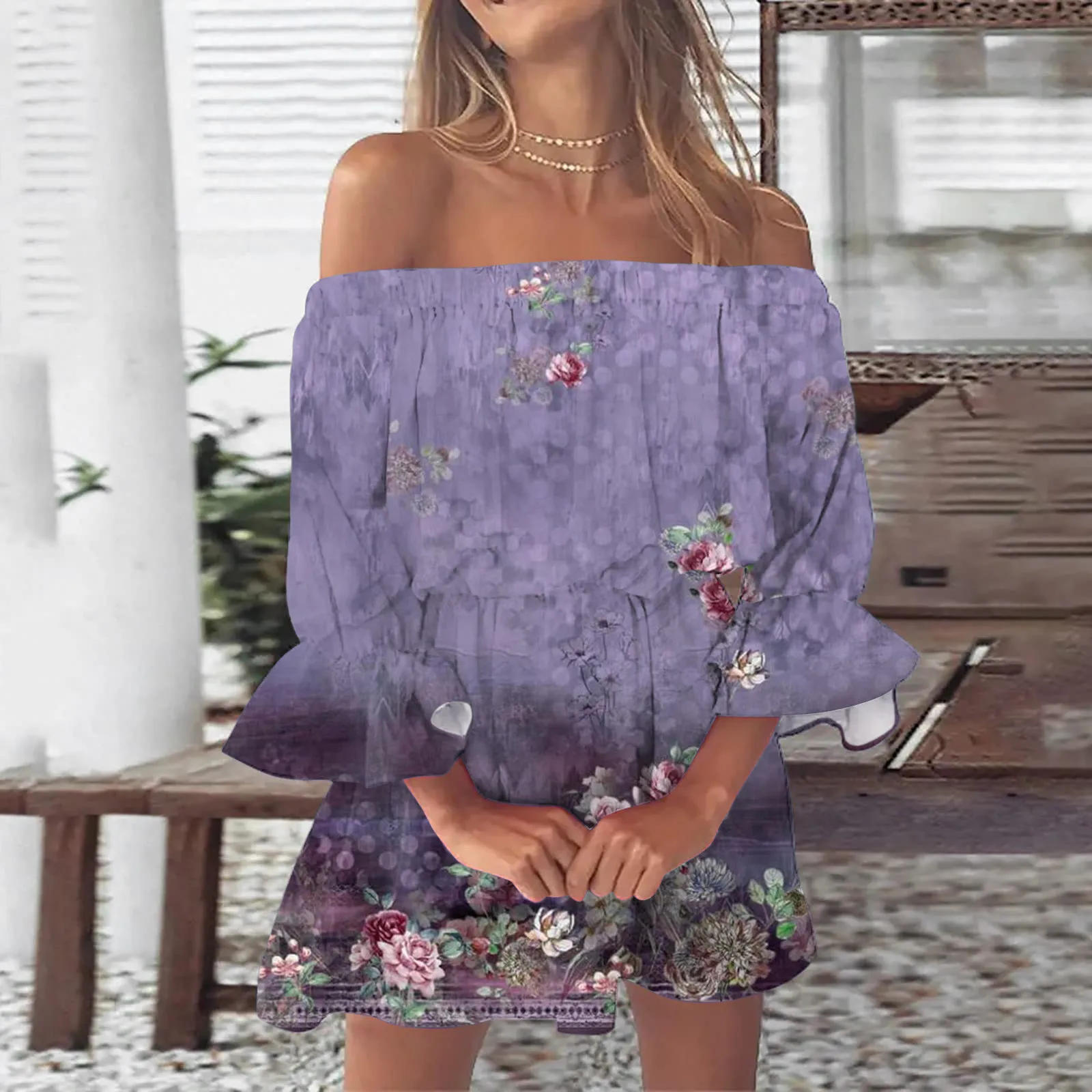 Vestidos florales bohemios para mujer, vestido túnica Sexy con hombros descubiertos y manga con volantes, Mini vestido veraniego informal para playa 2024