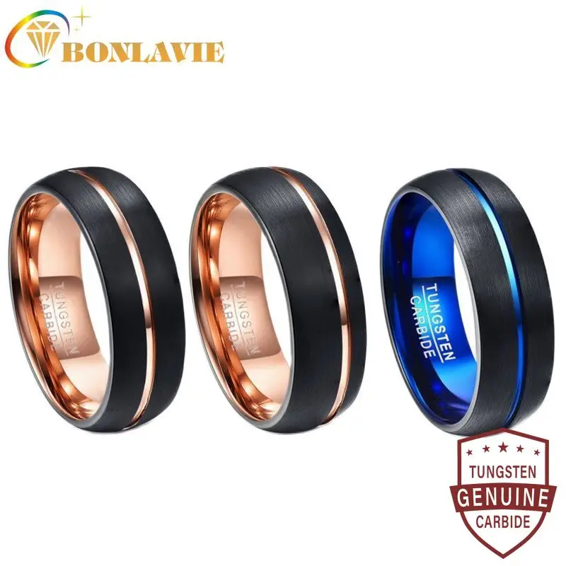 BONLAVIE 8mm Real Tungsten Carbide Ring Exquisite Dome Blue Rose Gold Color Groove Men Wedding Bands Anillos Para Hombres Ring