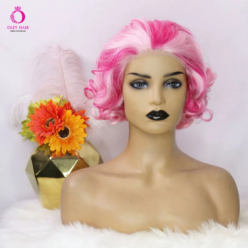 

Oley Synthetic Monroe Lace Front Wig 13x4 Heat Resistant Glueless Wig For Women 180 Density 12 Inches 2 Tone Pink Cosplay Wigs