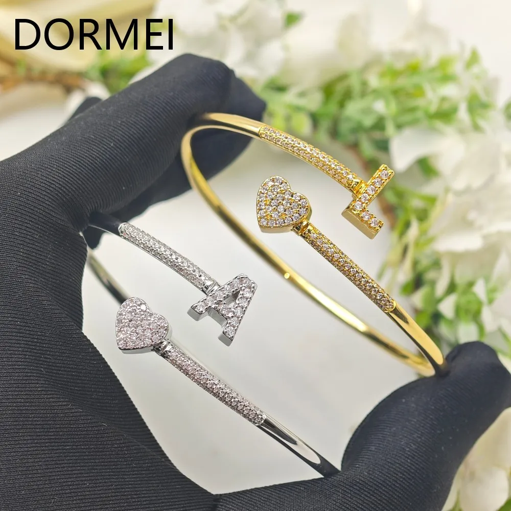 DOREMI Elegant Women Custom Initial Letters Charms Bracelet Full Cz Letters Staggered Bangle