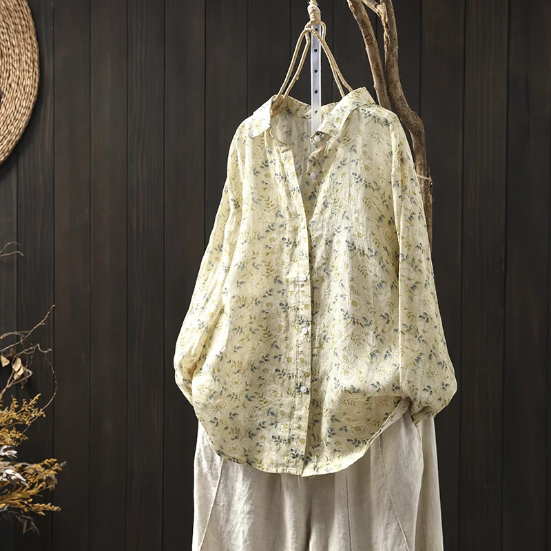Loose Long Sve Cotton Linen Women's irt Street Sle Printed Casual Versatile Single Buttoned Autumn Summer New Retro Art